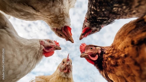 Curious chickens look into camera from low angle against sky creating humorous farm scene for agricultural themes free range poultry welfare and rural lifestyle storytelling