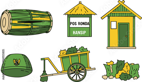 Vintage green horse carriage and antique cart vector illustration featuring a classic retro design with old wheels and cartoon vehicle symbols for eco-friendly transportation and travel icons
