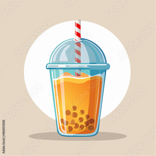 Boba tea in a plastic cup with a straw, against a beige background.
