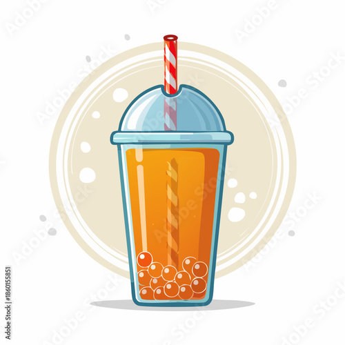 Cartoon illustration of a refreshing orange bubble tea drink with tapioca pearls.