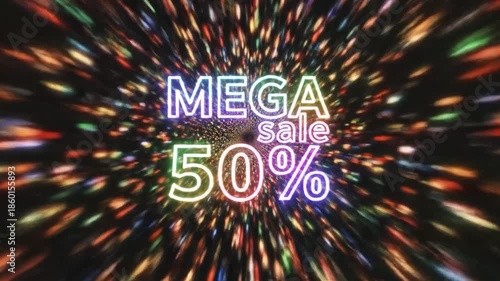 Mega Sale 50 Percent Discount Neon Light Tunnel Background.