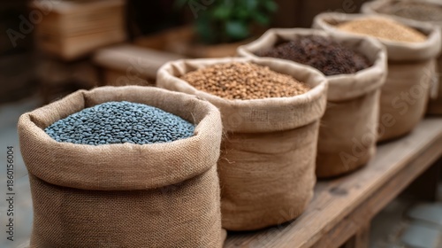 Burlap sacks filled with an assortment of colorful seeds and grains arranged on a rustic wooden display showcasing earthy tones