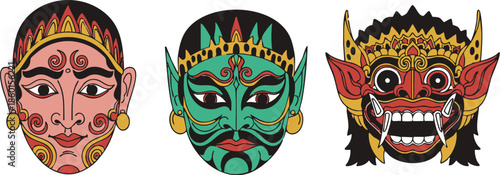 Mystical Masked Trio: Vibrant traditional masks, each a unique expression of cultural artistry, command attention with their intricate designs and powerful symbolism.