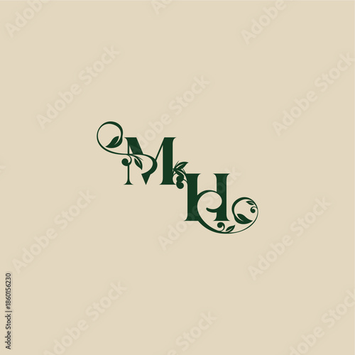wedding organic logo with monogram and leaf letter concept of elegant beautifull HM