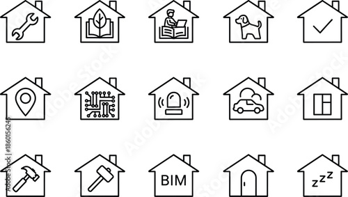 Home icons, smart house, construction, renovation, pet-friendly, eco-living, BIM, sleep zone, location, security, natural light, DIY, access, approval, study, smart tech, comfort, architecture