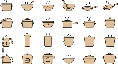 Kitchen icons, cookware symbols, pots, pans, kettle, coffee maker, bowl, steam, utensils, beige outline, minimal de