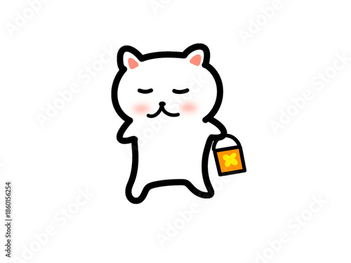 Cute White Cat Shopping, Kawaii Character Illustration