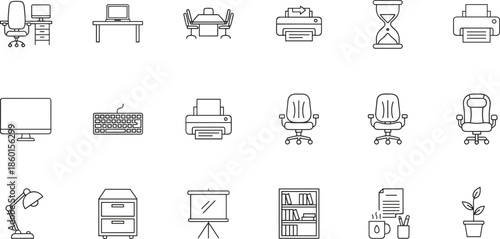 WebOffice icons, desk setup, computer monitor, printer, keyboard, chair, lamp, filing cabinet, presentation screen, booksh