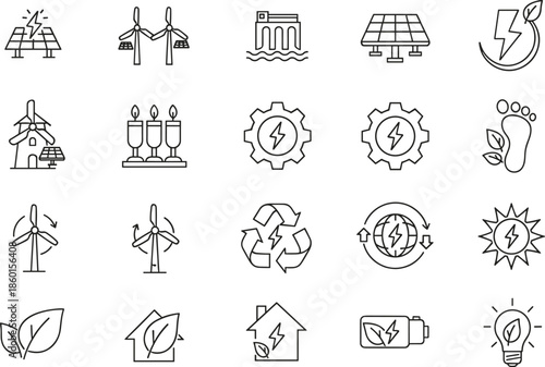 Renewable energy icons, solar power, wind turbine, hydroelectric, eco-friendly, sustainability, recycling