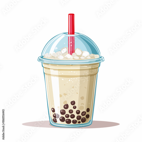 Illustration of a bubble tea drink in a clear plastic cup with a dome lid and a red straw.
