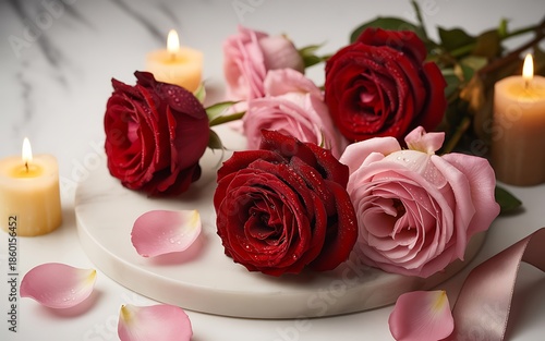 Romantic rose bouquet with candles