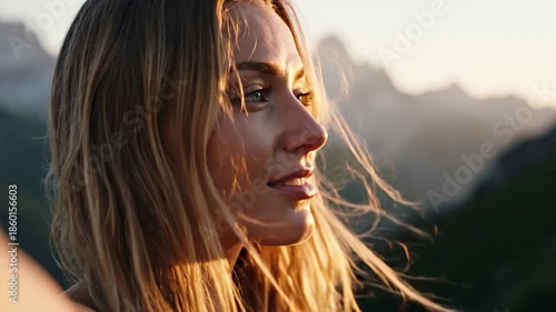 Serene Woman Meditating in Golden Sunlight with Mountain View at Sunset.