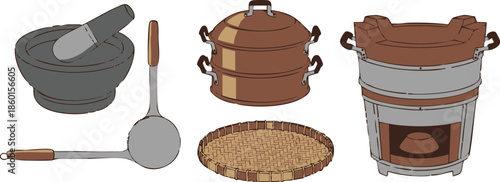 Kitchen Utensils Composition: A collection of kitchen utensils is artfully arranged, each element showcasing its unique form and function to be used for cooking.