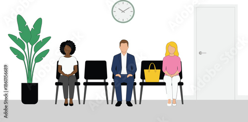 Job applicants waiting in office lobby for interview appointment diverse people seated chairs clock modern flat vector illustration design concept