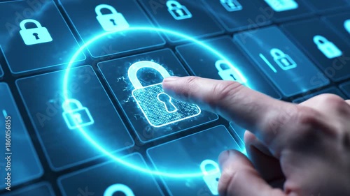 Digital security concept finger touching glowing unlock icon on dark blue interface, 4k high quality