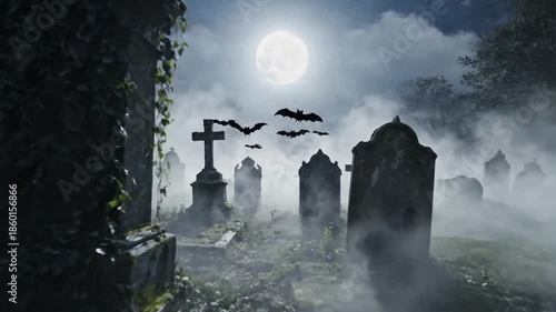 Spooky Graveyard with Flying Bats and Full Moon on a Foggy Halloween Night.