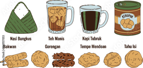 Diverse Indonesian Snacks and Beverages: A vibrant assortment of Indonesian delicacies, from savory snacks to refreshing beverages. Showcasing the rich culinary heritage of Indonesia.