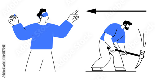 Metaverse concept. Metaverse with a virtual user in VR and a worker using manual tools. Metaverse highlights future technological integration and physical labor. For tech, innovation, work balance