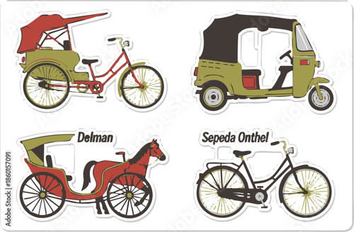 Vintage Transportation Collage: A curated collection of vintage transportation illustrations showcases the charm and elegance of a bygone era. Including Delman, Sepeda Onthel and others