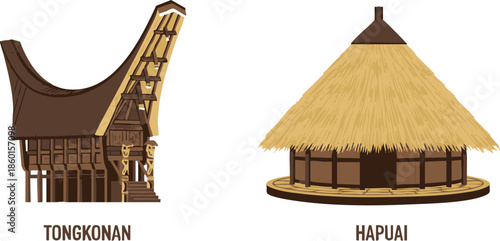 Cultural Dwellings: A detailed illustration captures the architectural nuances of traditional Tongkonan and Hapuai dwellings, representing the unique cultural heritage of each structure.