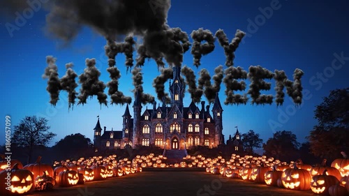 Spooky Halloween Castle with Glowing Jack O Lanterns at Night.