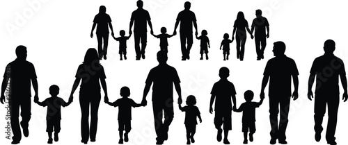 Collection of Diverse Family Silhouettes Holding Hands and Walking Together Including Children and Parents Isolated on White Background for Unity Concepts