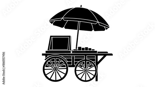 Food cart with umbrella and wheels, simple black and white illustration