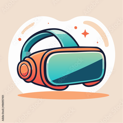 Cartoon illustration of a virtual reality headset with orange and teal colors, on a light background.