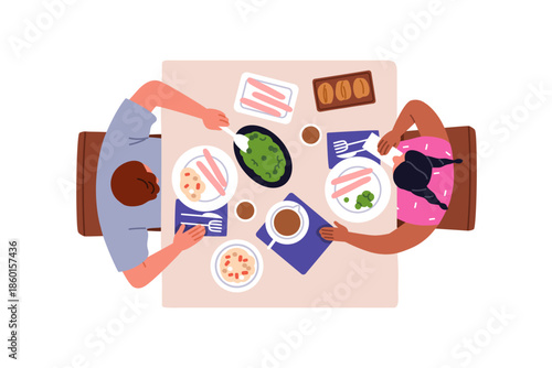 Eating food at dining table, top above view. Adult and child having meal, dinner. Father and girl kid sitting from overhead, lunch together. Flat vector illustration isolated on white background
