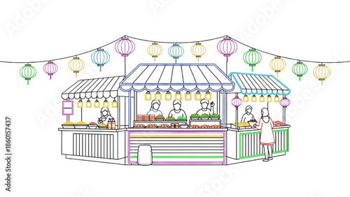 Outline illustration of a bustling street food market with vendors, customers, and colorful lanterns overhead, depicting a lively cultural event