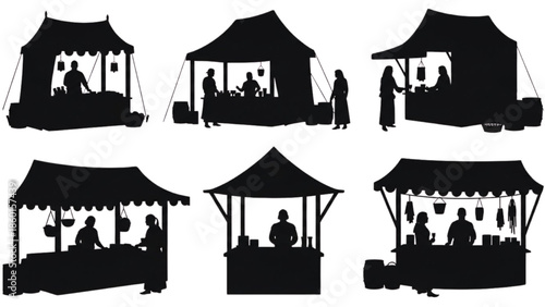 Diverse collection of market stall silhouettes, illustrating vendors and their trade at outdoor and traditional markets