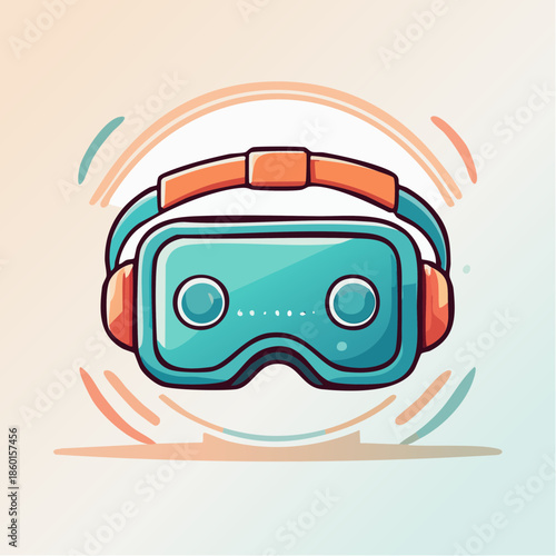 Cartoon illustration of a VR headset with orange accents and a teal color scheme, set against a soft gradient background.