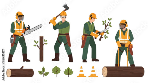 Forestry and Arborist Work Professionals with Tools and Wood