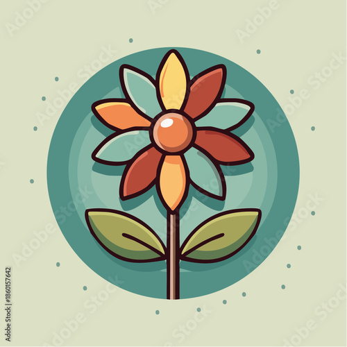 Illustration of a flower with colorful petals and green leaves on a stem, set against a teal circle.