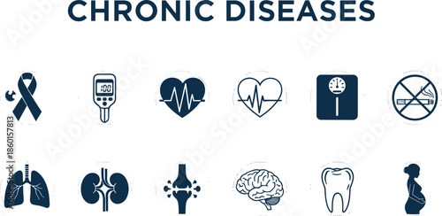 Set of Chronic Disease Medical Icons Featuring Healthcare Symbols for Heart Health Diabetes Respiratory Care and Wellness Isolated on White Background