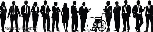 Professional Business Team Silhouette Including Men Women and Disabled Person in Wheelchair Standing Together for Corporate Diversity and Inclusion Concepts