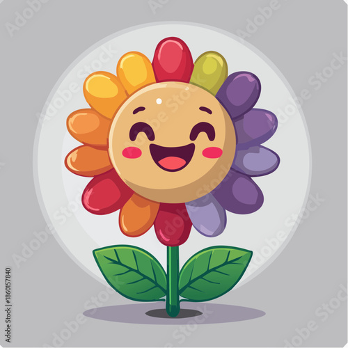 Cartoon flower with a smiling face and rainbow colored petals, standing against a gray background.