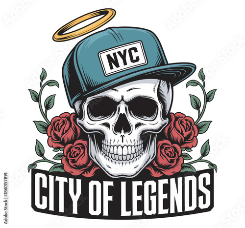 City of legends skull wearing nyc cap with roses and halo vector