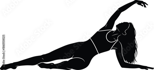 Black Silhouette of a Slim Woman in Yoga Fitness Pose Lying on the Floor Isolated on White Background for Health Design