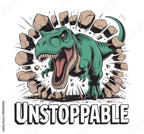 Unstoppable tyrannosaurus rex dinosaur breaking through rocks vector illustration