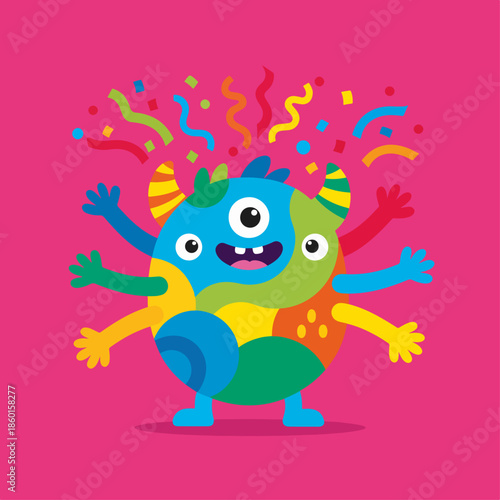 Cute little orange fuzzy monster with horns and a big smile.