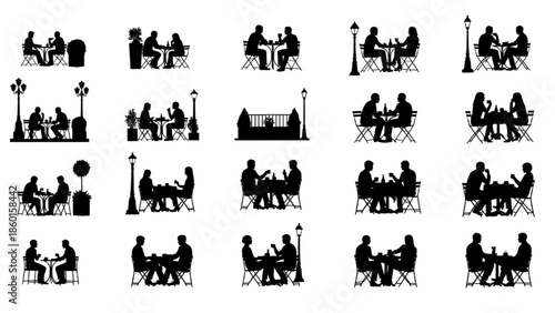 Various silhouettes of people dining and relaxing outdoors at cafes and restaurants