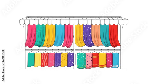 Vibrant outdoor market stall with racks full of beautifully patterned and colorful traditional textiles for sale