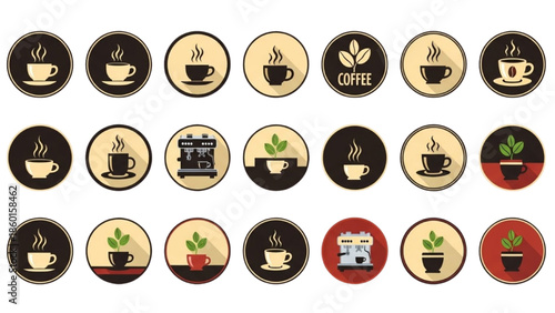 Coffee shop icons collection of cups, machines, and plants in a cafe