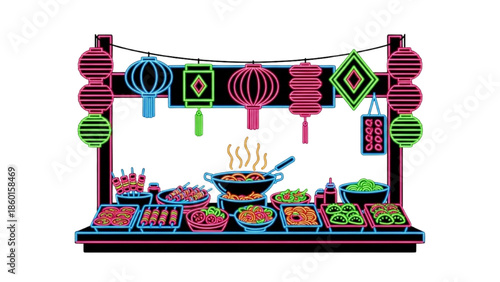 Traditional Asian street food stall with colorful lanterns and steaming dishes