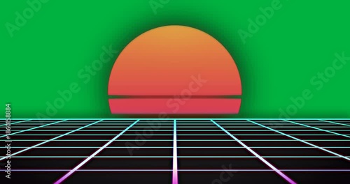 Animation of video game screen with orange sun setting and green grid on white background