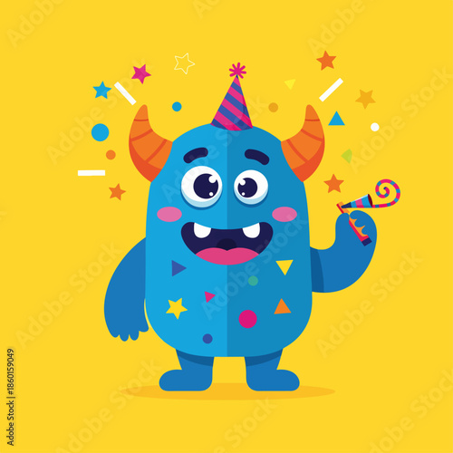 A cute blue cartoon monster with one eye, yellow horns, and small yellow triangles on its body.