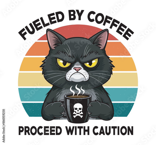 Fueled by coffee black cat holding skull mug with retro sunset circle backdrop