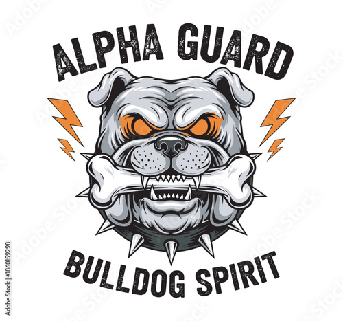 Alpha guard bulldog spirit mascot head biting bone with orange lightning bolts