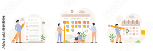 Schedule planning illustration set. Characters planning work tasks, filling check list, making schedule using calendar. Business and organization concept vector illustration